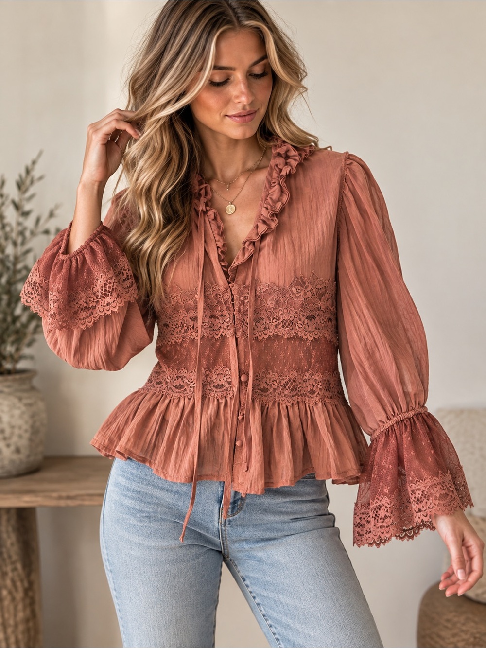 Free People FP One Charlotte Victorian Blouse Rust Lace Boho Top (TC)